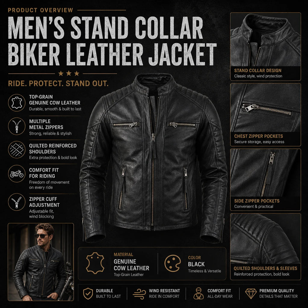 New Motorcycle Causal Vintage Leather Coat Men Autumn Outfit Fashion Biker Pocket Design Top Layer Cow Leather Jacket