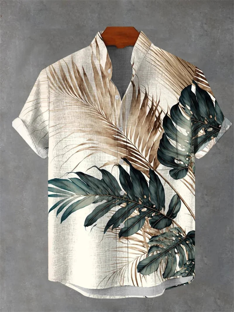 Hawaii 3D Printed men's Casual And Fashionable Short Sleeved Shirt With Collar And Button Up Top Made Of Linen