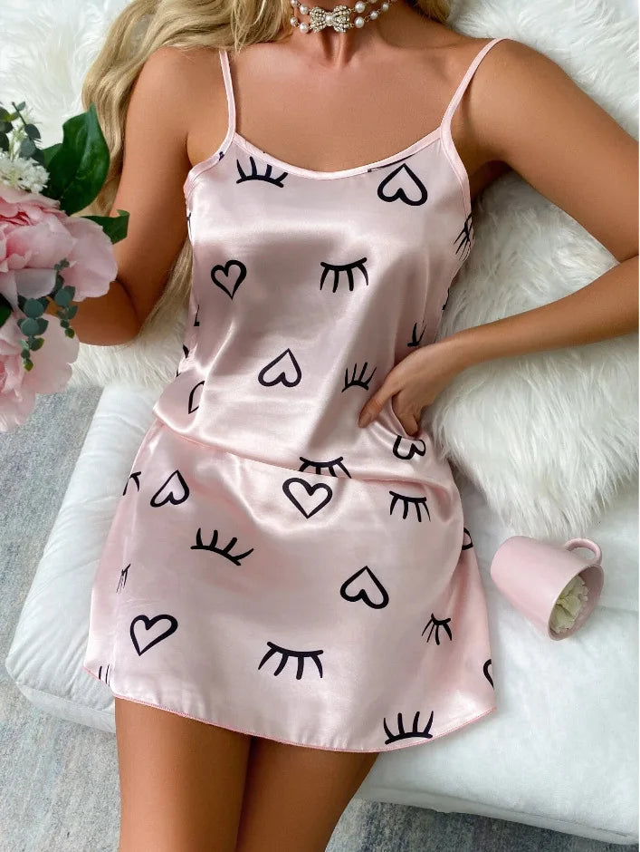 Sleepwear Women's Sexy Lingerie Heart Print Nightdress Scoop Neck Criss Cross Back Sleepdress Nightgowns Pajamas Nighties