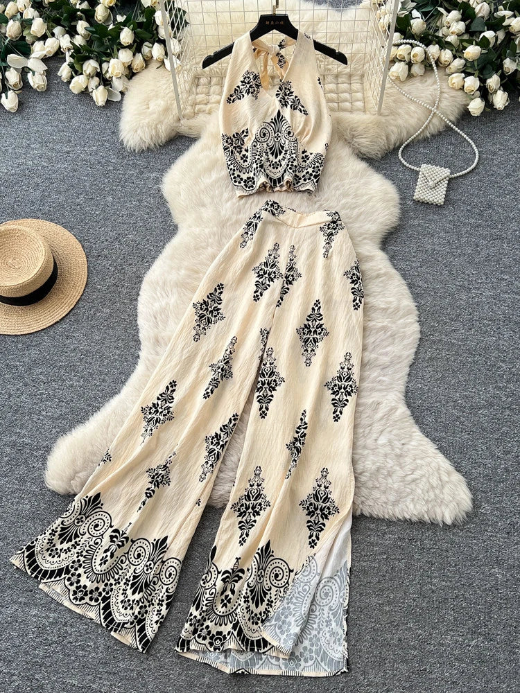 Women's Summer Two Pieces Bohemian Vacation Printed Halter Neck Sleeveless Top High Waist Wide Leg Pants Two-piece Set TP044