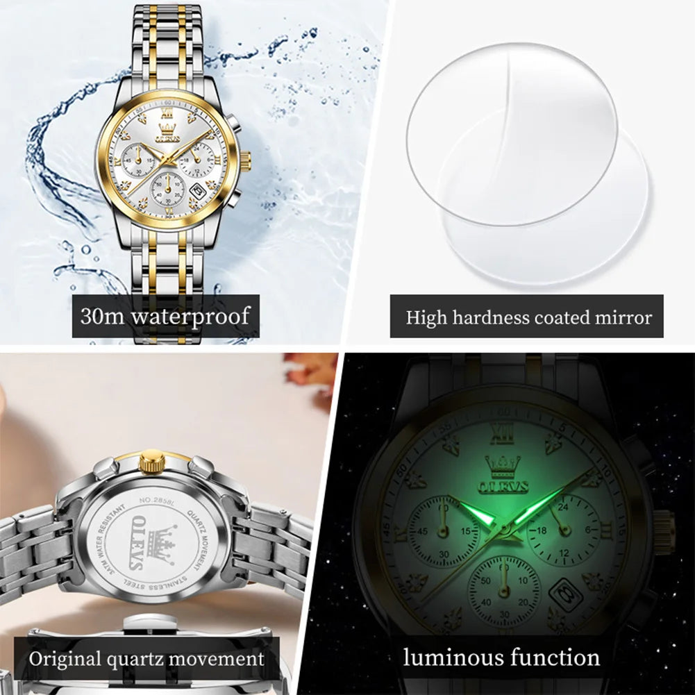 OLEVS 2858 New Womens Watch Original Multifunction Quartz Wristwatch Waterproof Luminous 24 Hours Gift Box Watch For Ladies
