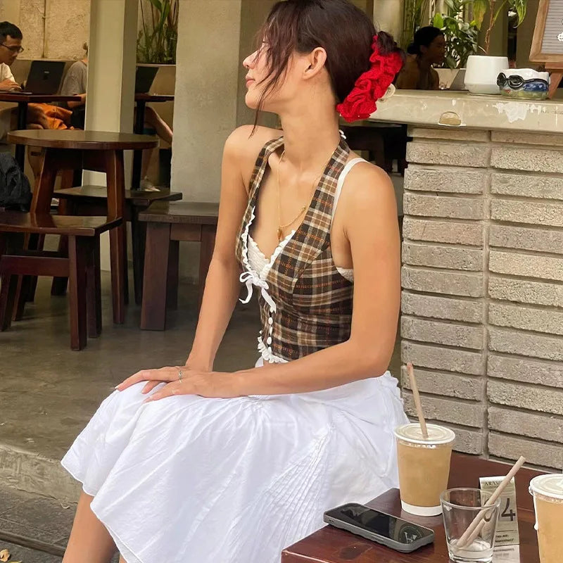French Style Retro Slim Halter Top Y2K Lace Backless Sleeveless V-neck Ruffle Camisole Summer Sexy New Women‘s Clothes