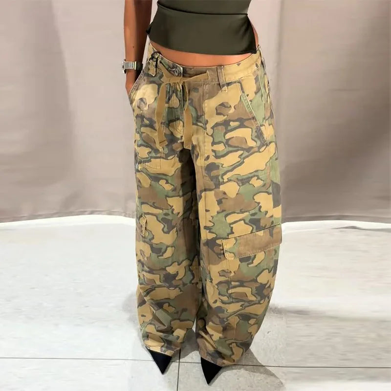 Camo Print Drawstring Waist Women Pants Wide Leg Loose Cut Drawstring Hem Relaxed Fit Casual Trouser Streetwear 2026 New Fashion