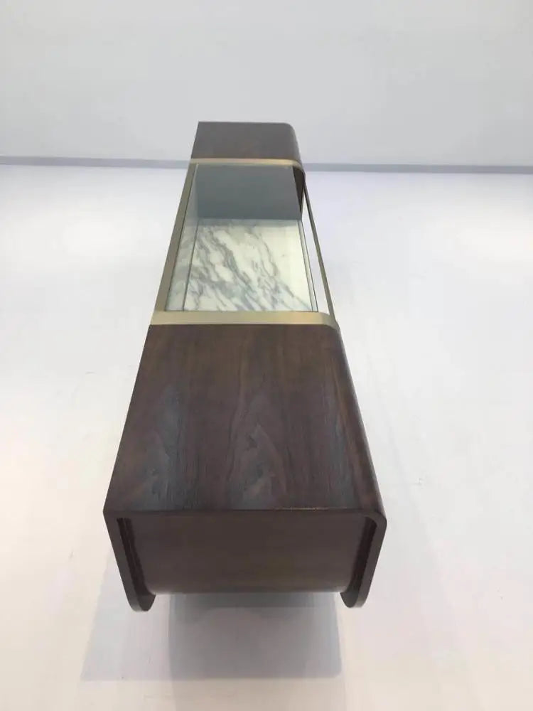 yt-Modern Living Room Walnut Glass Top Stainless Steel Cabinet TV Stand-