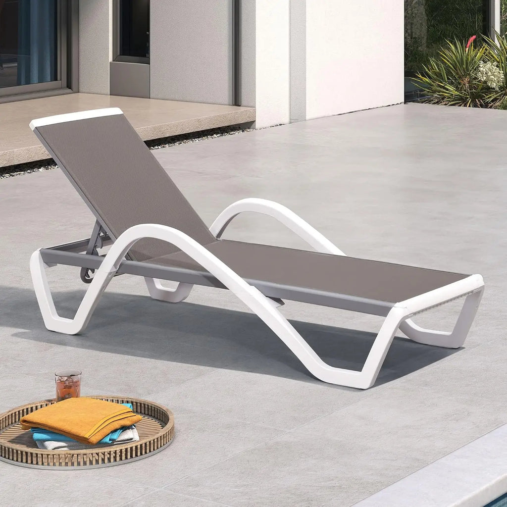 Stackable Plastic Chaise Lounge, 6-Position Reclining Flat Lay, PP & Textilene, Wheels, Outdoor Patio, Customized