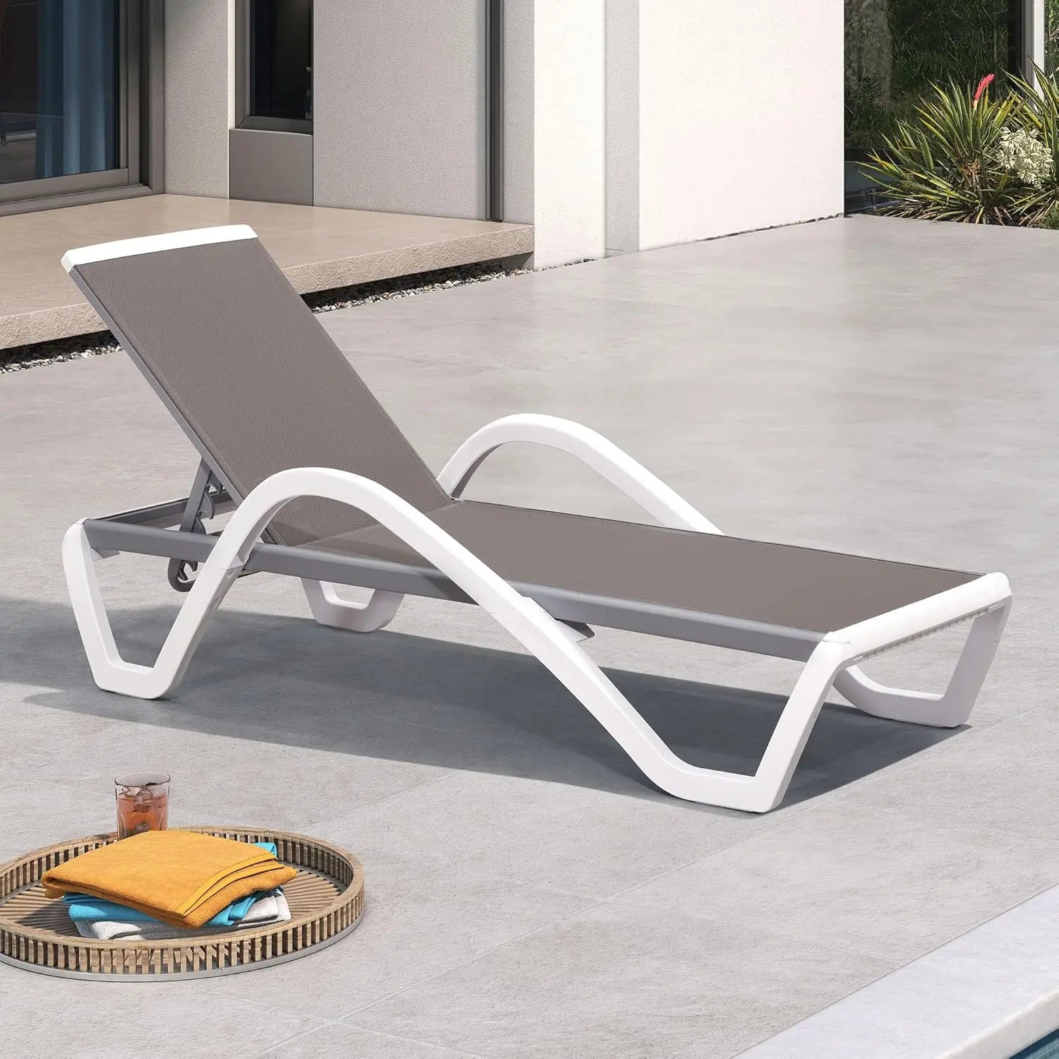Stackable Plastic Chaise Lounge, 6-Position Reclining Flat Lay, PP & Textilene, Wheels, Outdoor Patio, Customized