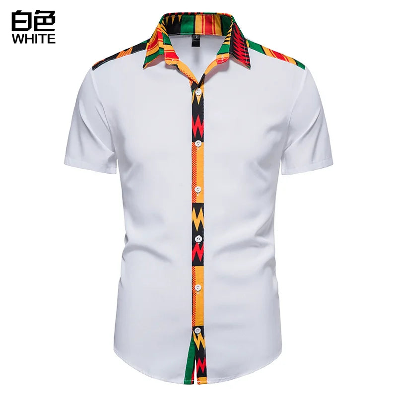 African Ankara Kente Print Shirt Short Sleeves Summer Men's Fashion Patchwork Button Up Traditional Dashiki Casual Tops
