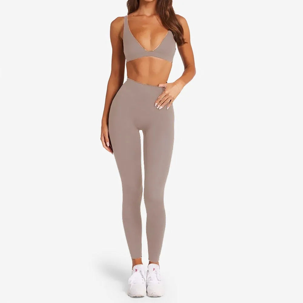 2PCS Nude Deep VNeck Sport Bra Women Yoga Sets Workout Gym Scrunch High Waist Fitness Push Up Shorts Running Avtive Suit XP187