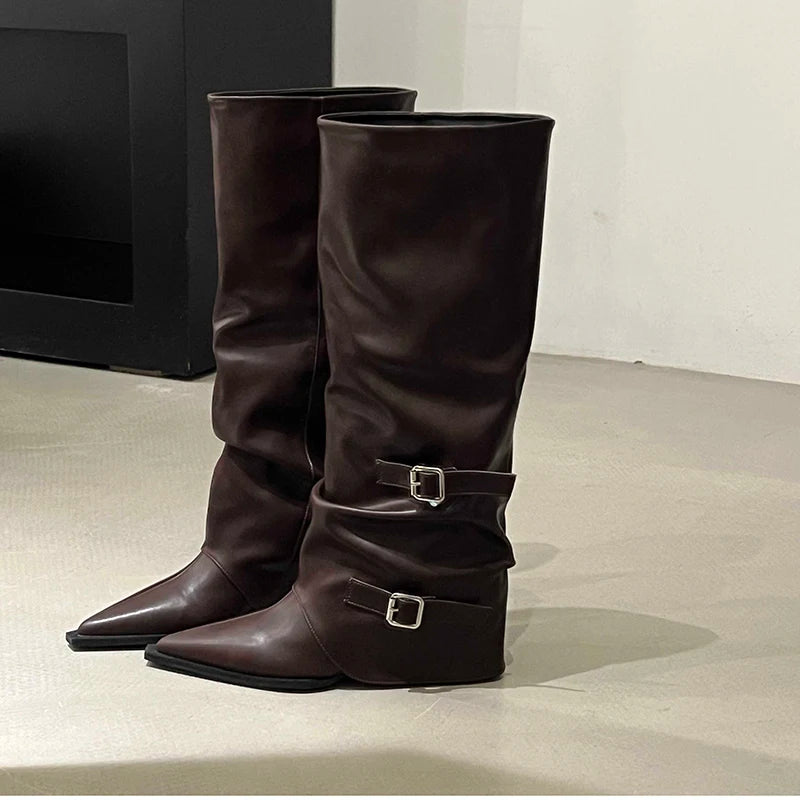 Retro Style Women Knee High Boots Fashion Belt Buckle Shoes Autumn Winter Wedges Heel Women's Knight Long Booties