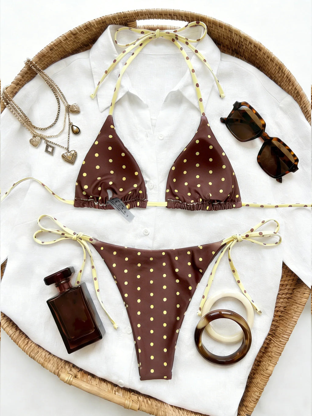 2026 Retro Polka Dot Tie Side Bikini Set for Women, Sexy Push Up Halter Neck Swimwear, High Waist Beach Bathing Suit, Summer