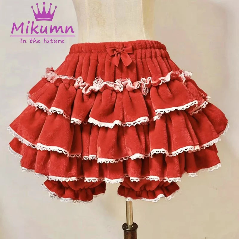 Harajuku Y2k Sweet Pink White Pumpkin Pants Lolita Autumn Winter JK Plush Shorts Japanese Kawaii Ruffles Lantern Shorts