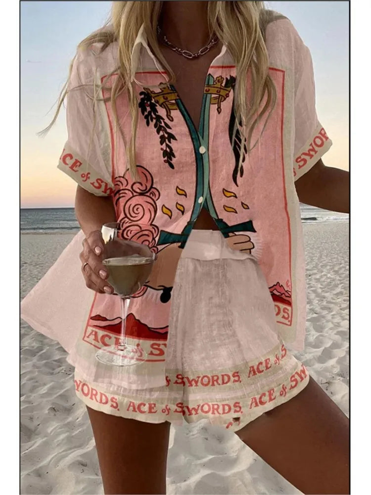 Fashion Lapel Short-sleeved Single-breasted Shirt Top + Shorts 2-piece Set Women Elegant Summer Print Loose Casual Suit Female