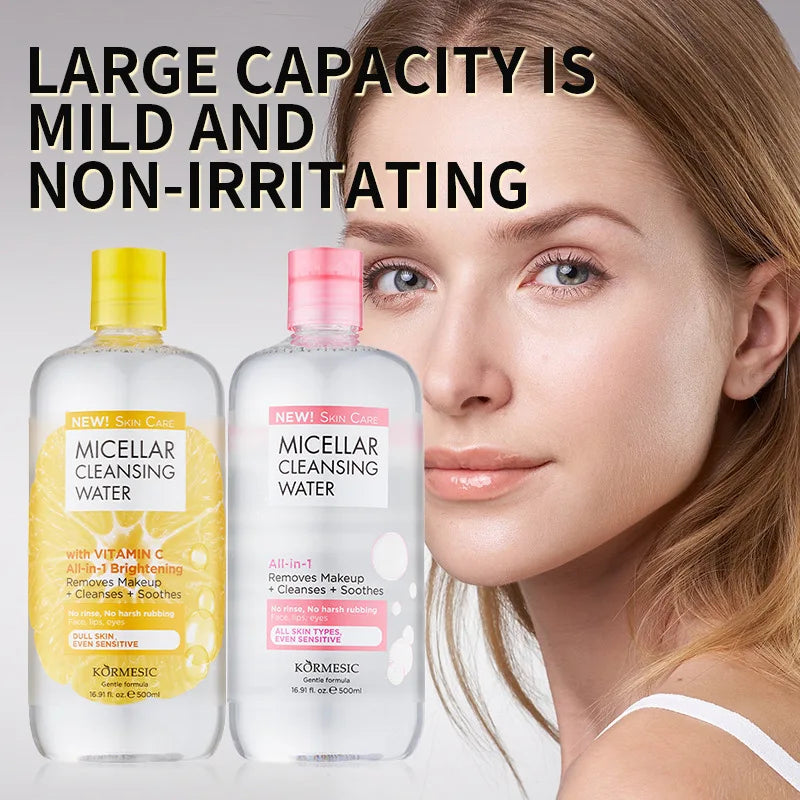 KORMESIC Micellar Water 500ml – Vit C Brightening / HA Hydrating, Removes + Cleanses, No Rinse, Face/Lips/Eyes