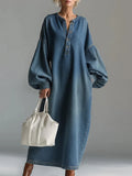 Chic Casual Vintage Denim Dress Loose Long Sleeve Big Pockets Single-breasted V Neck Robes Lantern Sleeve Maxi Dress Vestidos