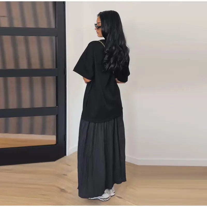 Solid Color Loose Fit Flare Sleeve Tiered Dress Crew Neck Ruffle Hem Pleated Long Maxi Dresses 2026 Spring Chic Casual Outwear