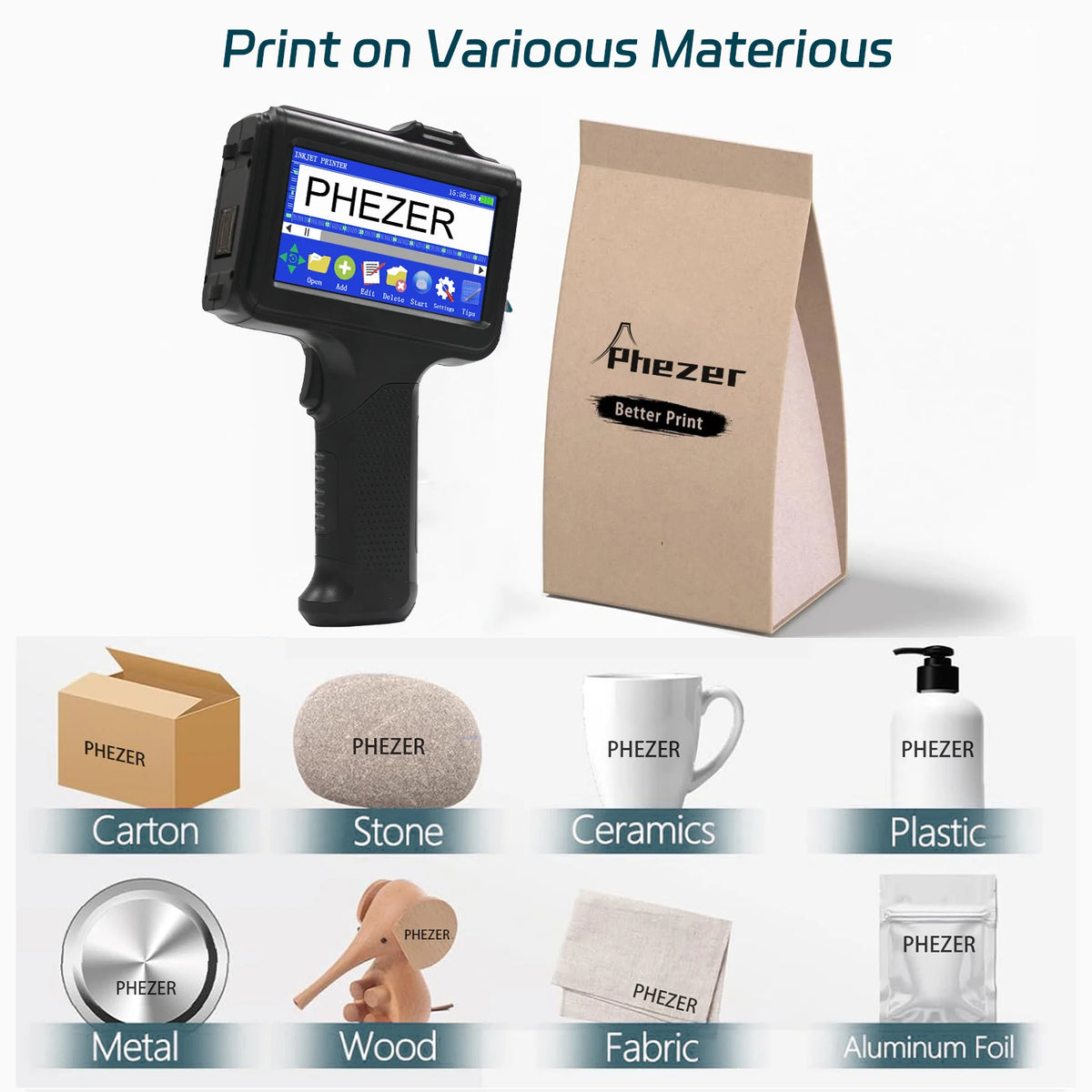 For Hp Phezer 12.7mm Portable P19 Handheld Inkjet Printer Three Colors Printer QR Bar Batch Code Date Number Logo Expiry Date