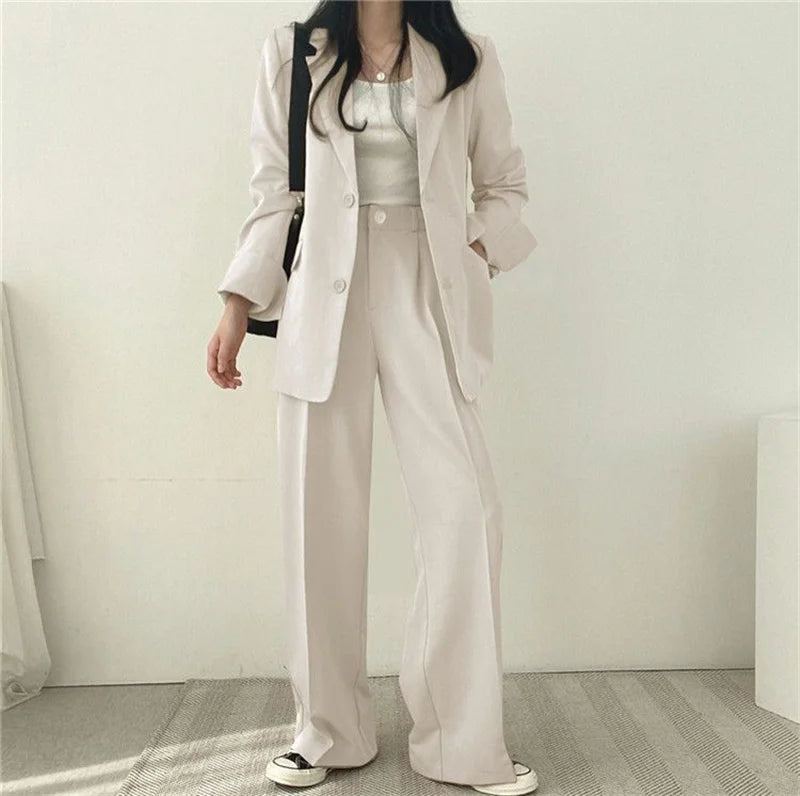 2026 Female Solid Color Blazer 2PCS Autumn Women Lapel Tops High Waist Outfit Korean Ladies Long Sleeves Suit Wide Leg Pants