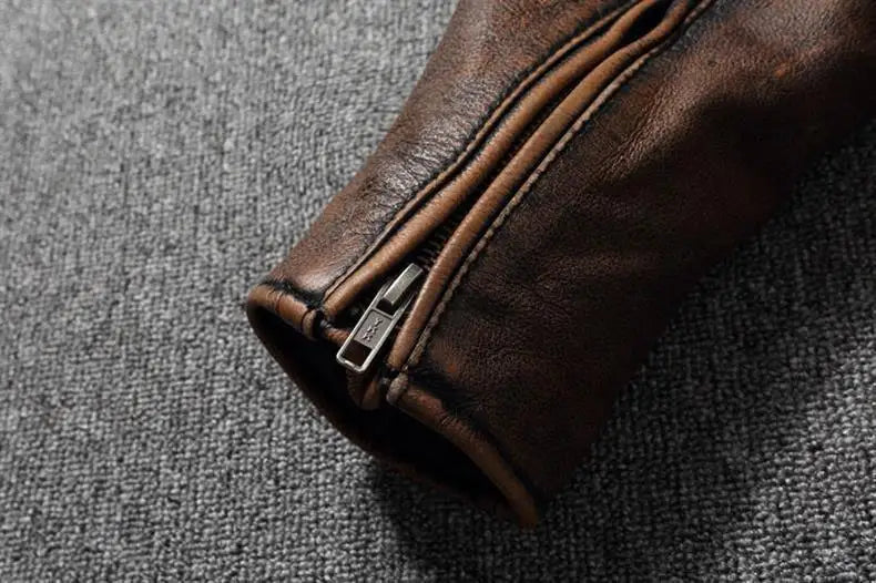 Autumn Winter Youth Mens Cowhide Texture Faux Leather Stand Collar Biker Jacket Retro Color Block Daily Street Casual Outer Coat
