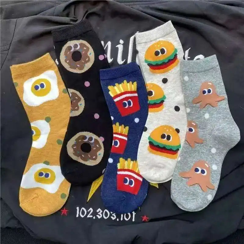 1/5 Pairs Burger Fries Fried Egg Donut Cute Cartoon Anime Breathable Fashion Mid-Calf Socks Unisex