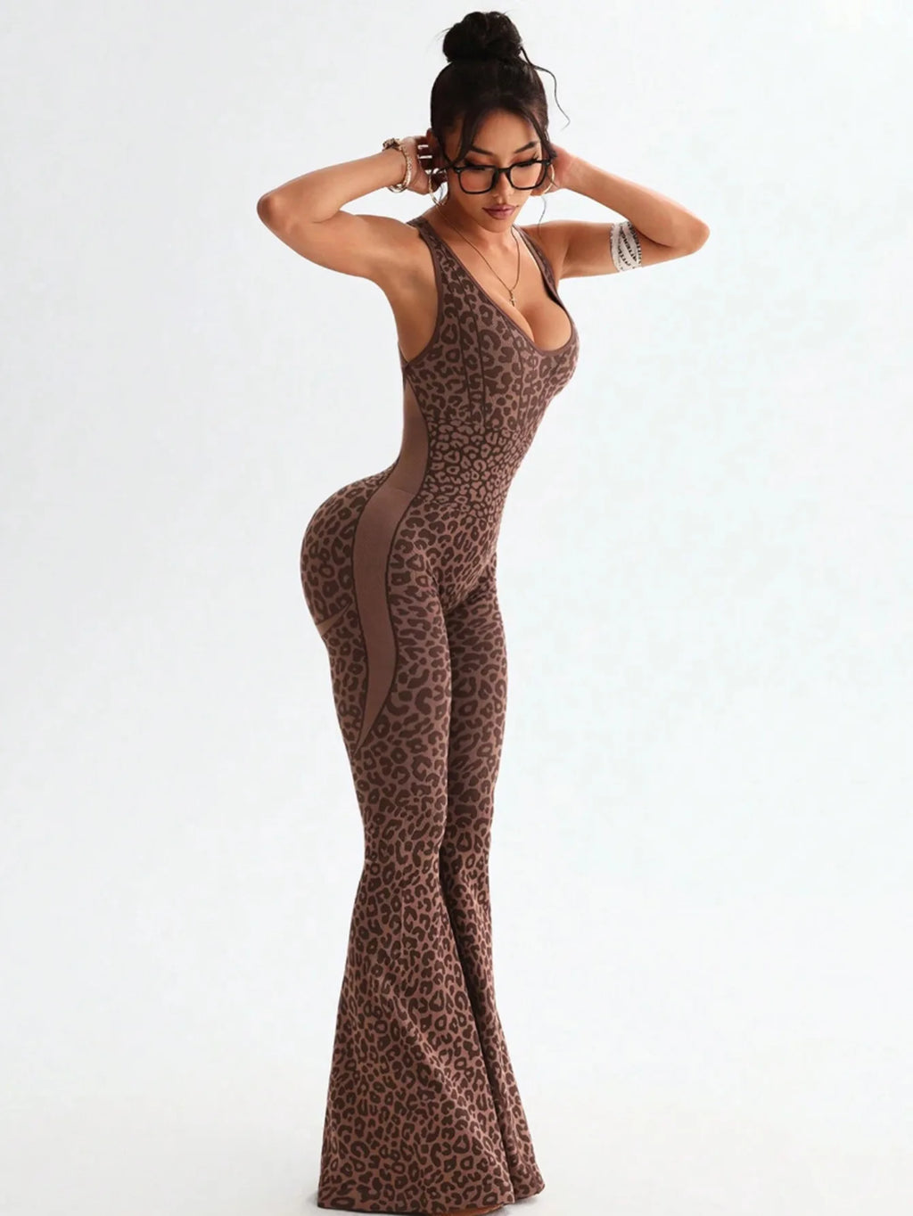Women Leopard Print Cross Back Flared Jumpsuit Seamless Butt Lifting Yoga Bodysuit High Elastic Workout Fitness Sports Jumpsuit