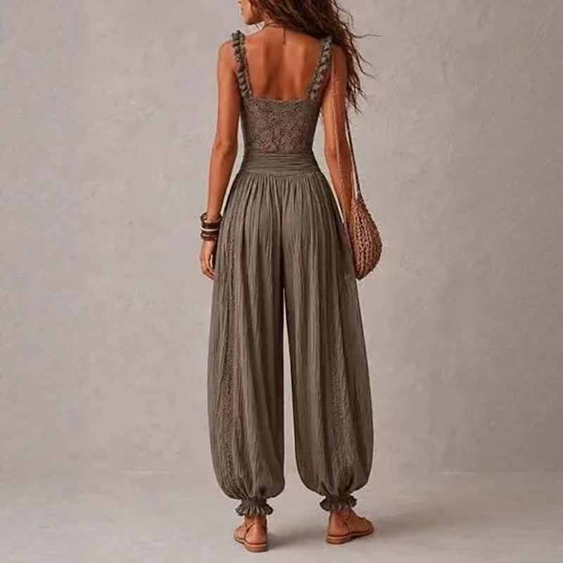 Sexy V-neck Lace Trim Spaghetti Strap Jumpsuits Women Elegant Ruffle Waist Solid Playsuit Overalls Casual Sleeveless Long Romper