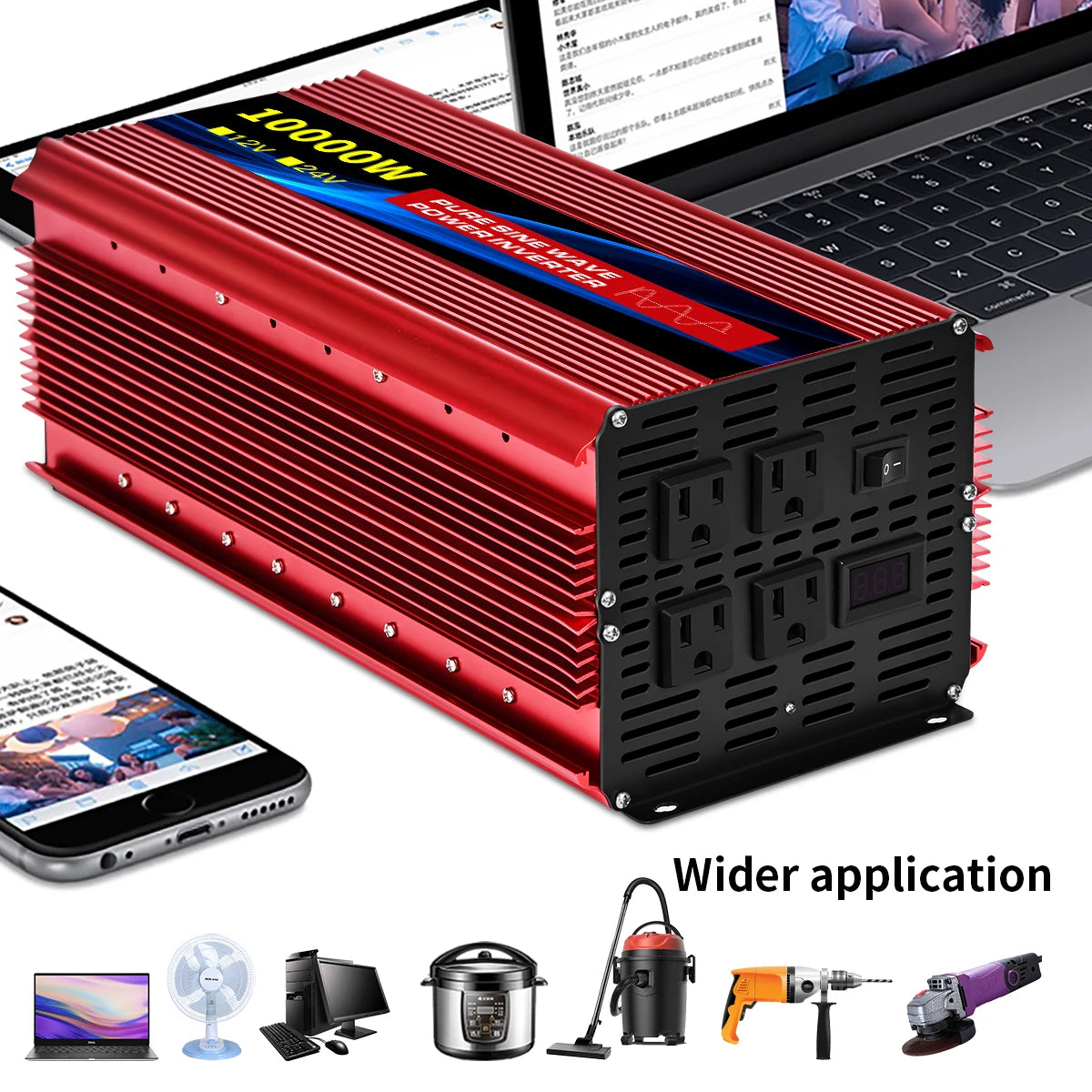 Power Inverter 10000W DC 12V to AC 110V 60HZ Pure Sine Wave Inverter with LCD Display Remote Control 4AC Outlets