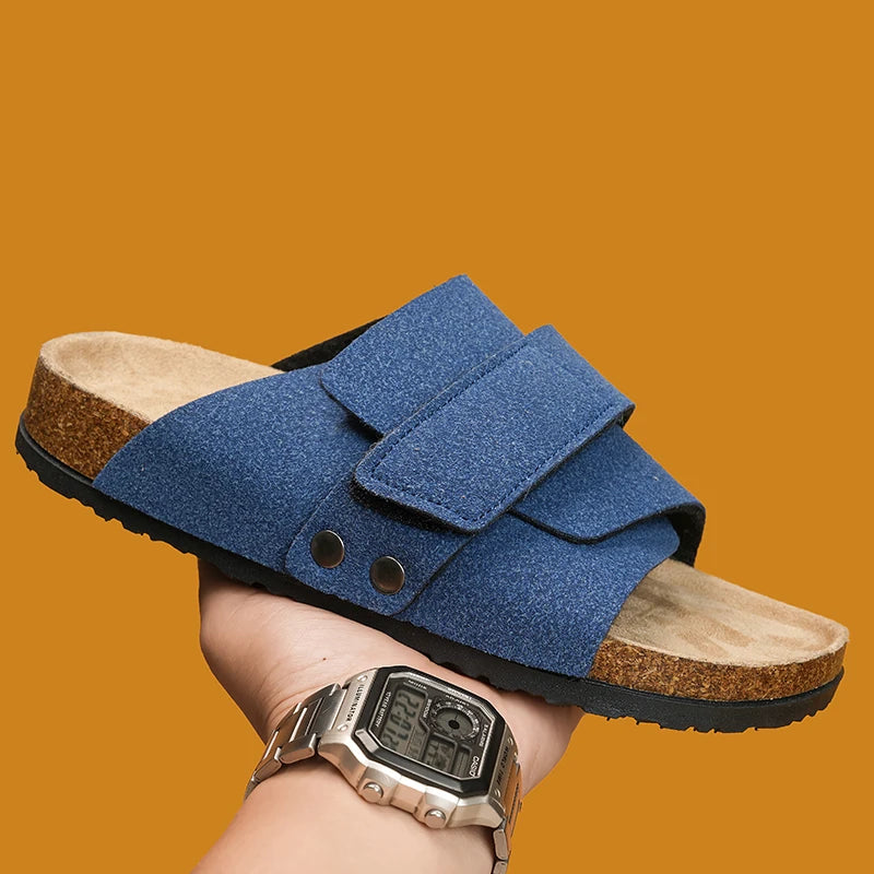 Men's Cork Slippers Suede Leather Clogs with Open Upper Comfort Footbed Adjustable Sandals Slides Indoor Home Shoes Women Couple
