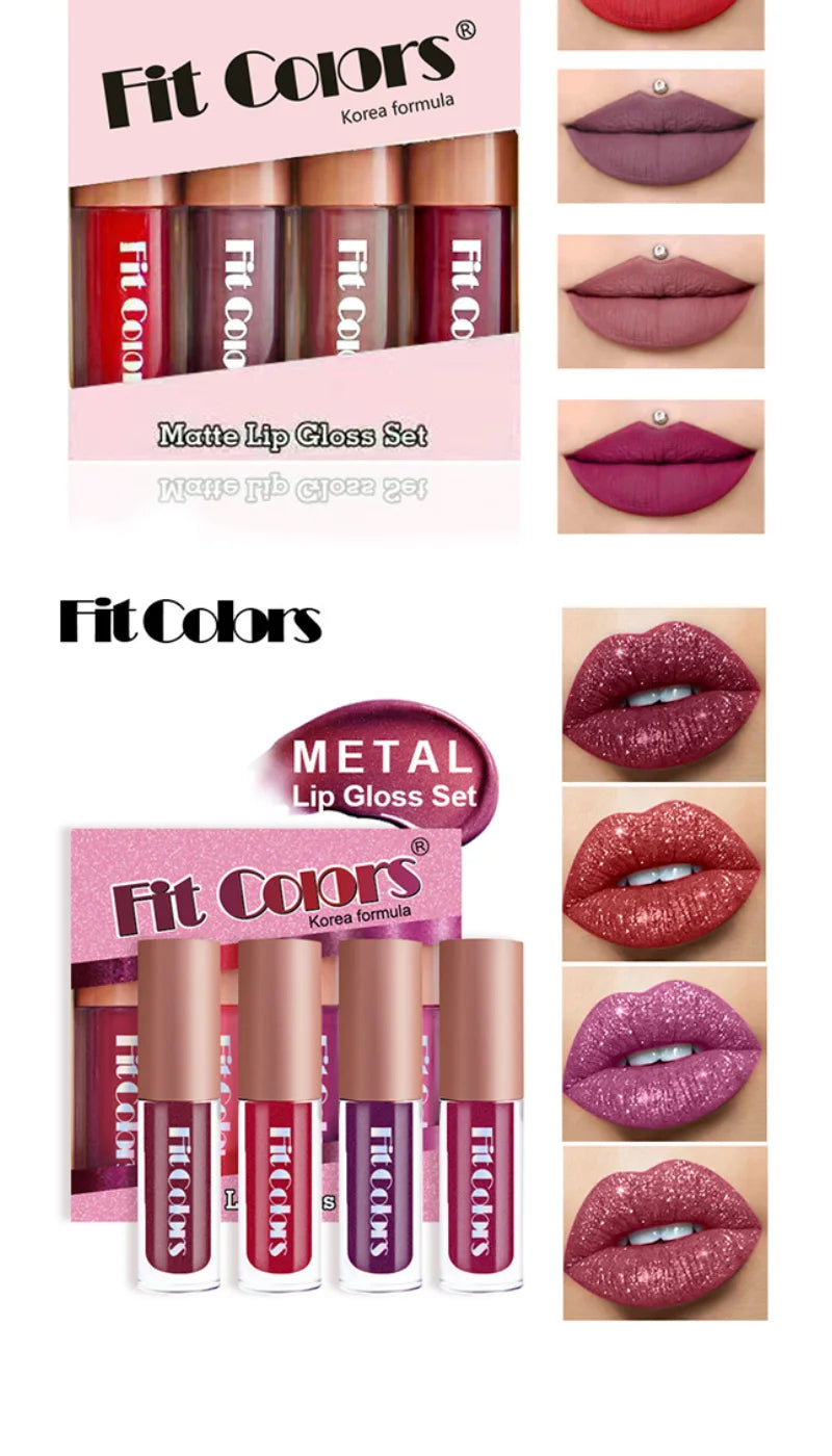 Fit Colors Velvet Lip Gloss Set — 4-Piece Non-Transfer, Diamond Finish, Long-Lasting Lip Gloss Collection