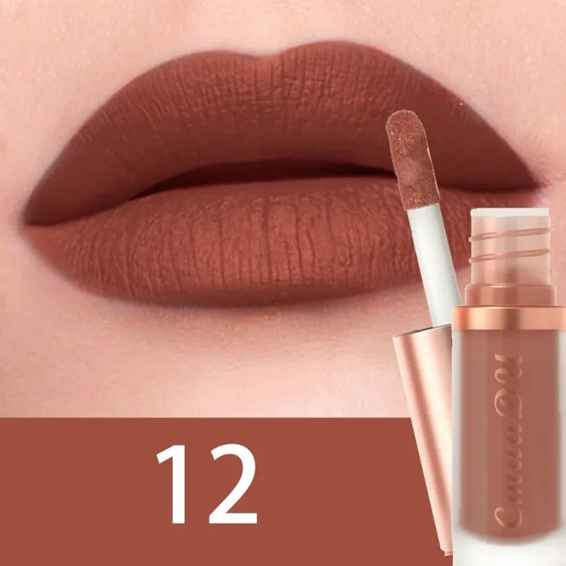 12 Colors Matte Velvet Lip Glaze Waterproof Liquid Lipstick Nude Brown Moisturizing Long Lasting Non-stick Cup Lip Gloss Makeup