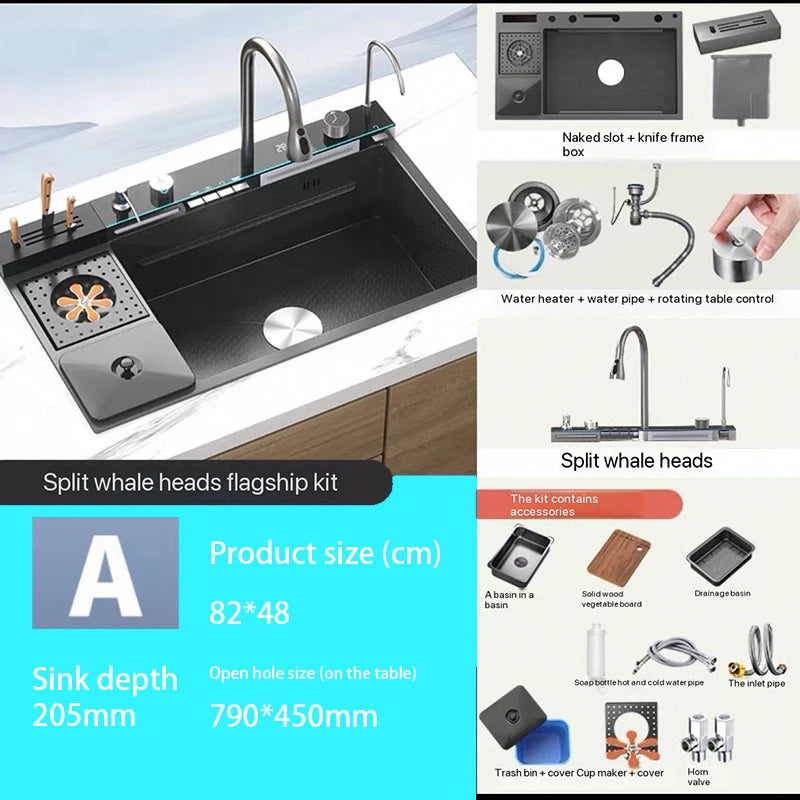 Stainless Steel Waterfall Kitchen Sink Digital Display Extra Large Single Bowl Multifunctional Household Vegetable Washing Sink