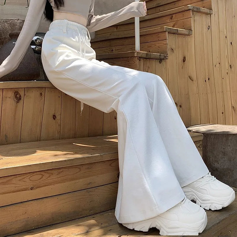 Girls Designer High Waist Flared Pants Lady Korean Slim Fit Casual Trousers Women Chic Drawstring Straight Leg Pants