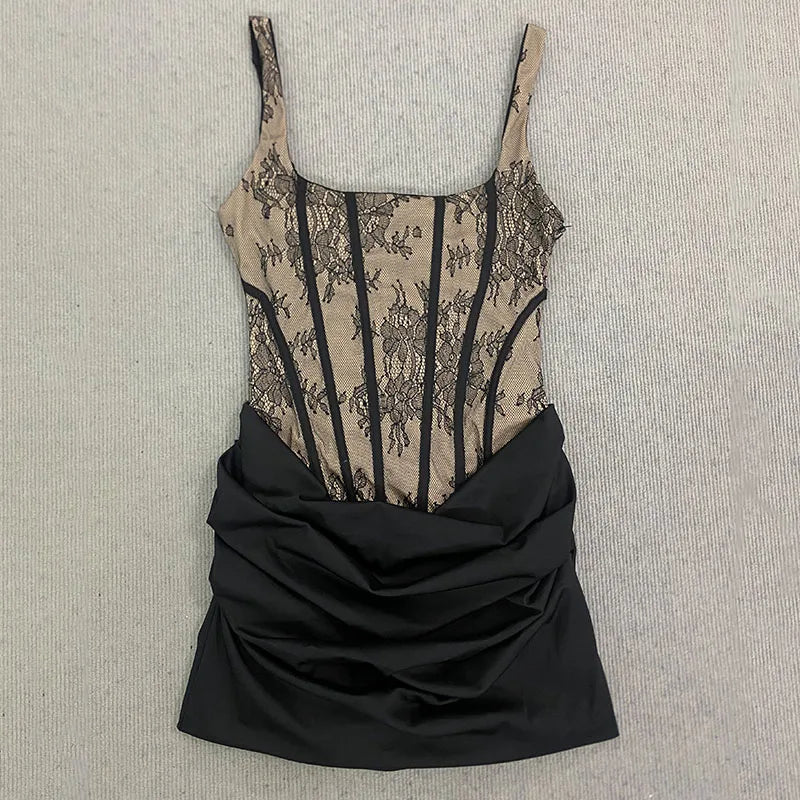 Imitation Town Lace Stitching Pleated Straight Skirt Female Thin Shoulder Strap 2026 Spring Summer Nightclub Sexy Party Dress