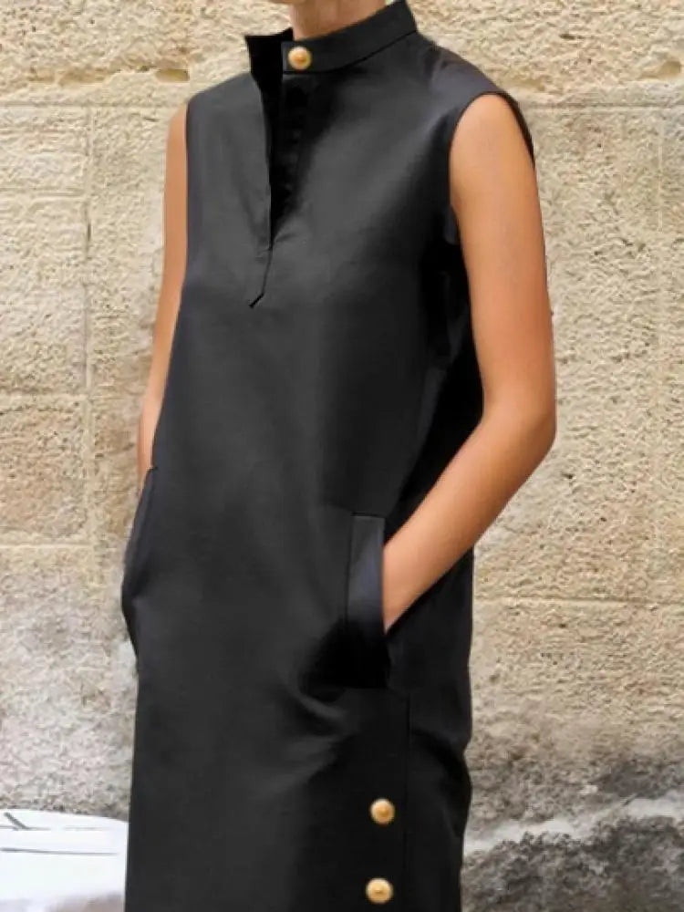 Yeezzi Women Fashion Split-Side Buttoned Stand Collar Evening Dresses 2026 New Sleeveless Solid Color H-Line Casual Shirts Dress