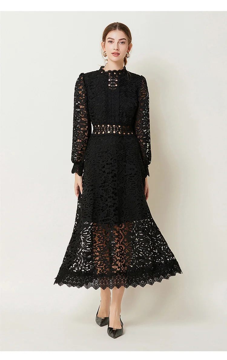Solid Lace Holloe Out Slimming Elegant Dresses For Women Stand Collar Long Sleeve High Waist Minimalist Dress Female Fashion