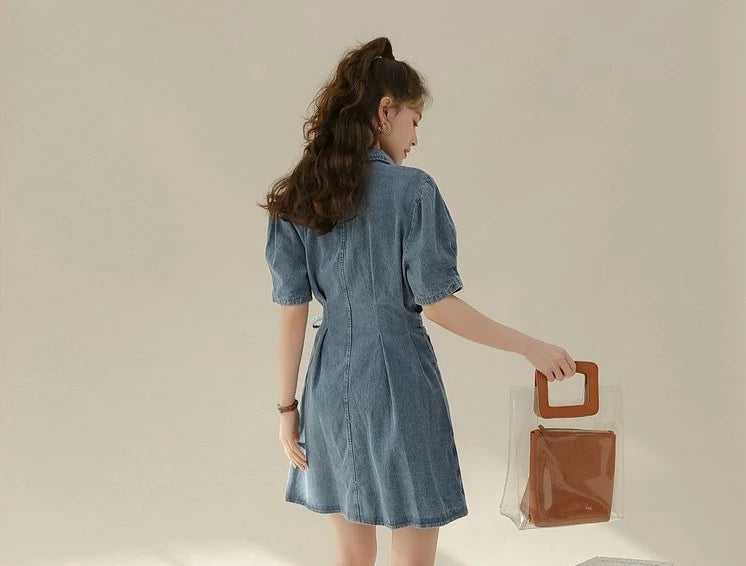 2026 Summer New Slimming Short Sleeve Midi Denim Dress Stylish Trendy Waist Cinching Women's Popular Wear