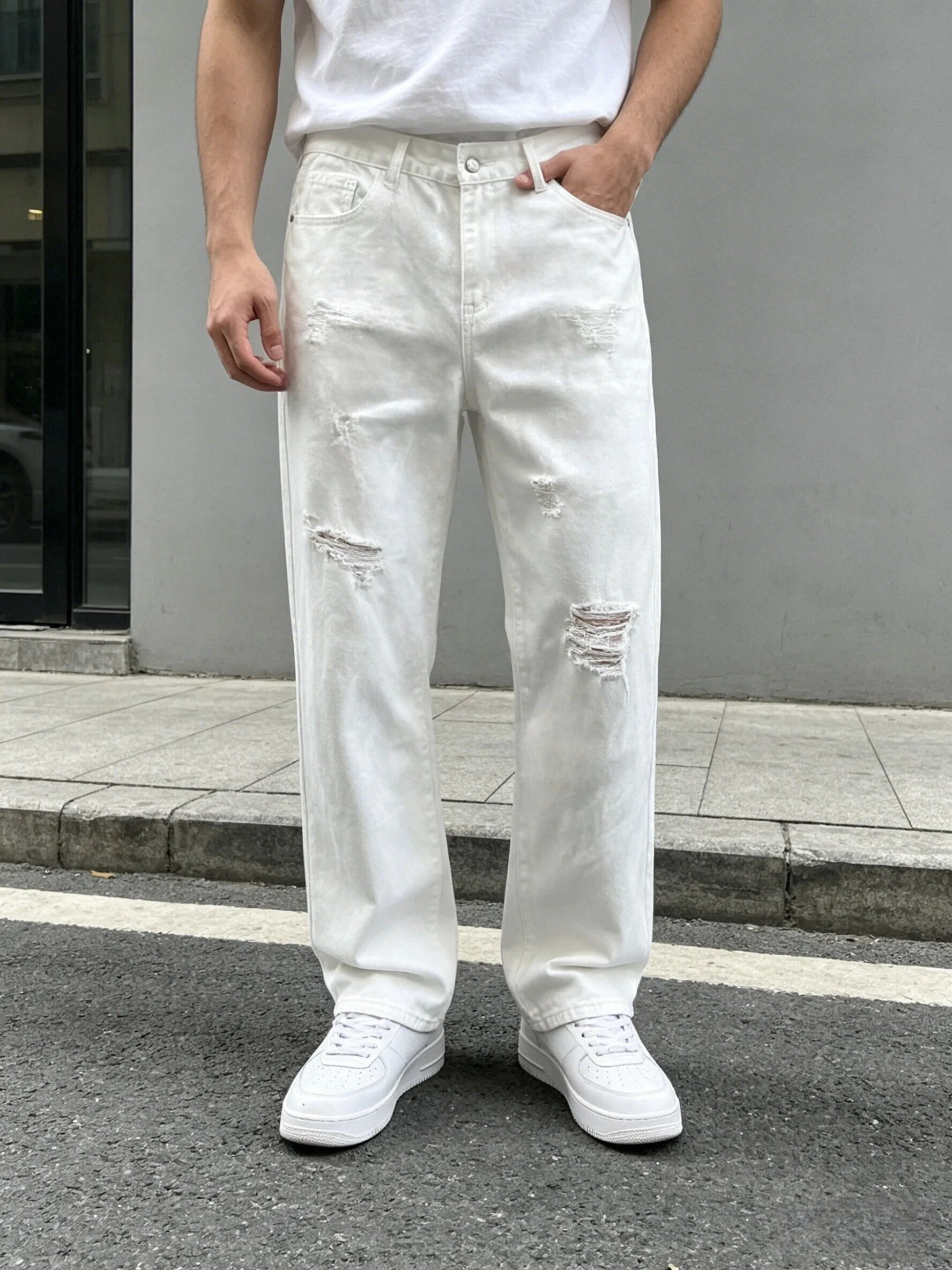 Men Denim Jeans Pants Clothing Trousers Men's White Ripped Loose Straight Leg Denim Jeans Men's White Ripped Jeans Loose Straigh