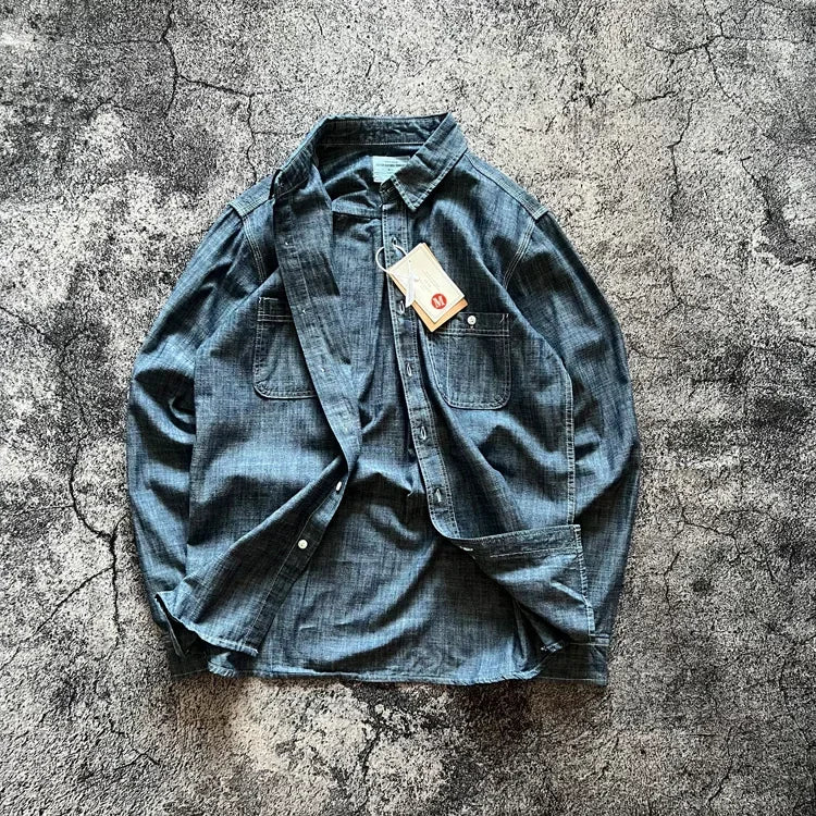 Japan Retro Bamboo Yarn Denim Casual Shirt Cool Hong Kong Style Long Sleeve Loose Spring Autumn 100% Cotton Washed Workwear Tops