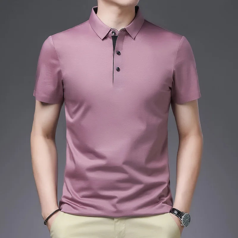 Bamboo Fiber Viscose And Cotton Blend Polo Shirt Men Short Sleeve Collar New Seamless T-shirt Summer Thin Lightweight Poloshirt