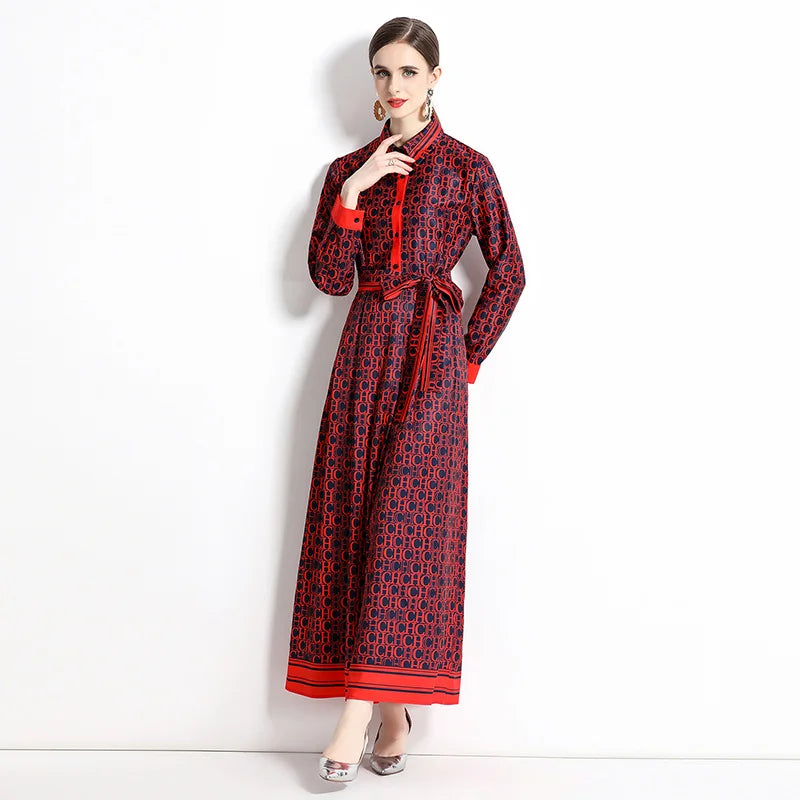 2025 Spring New Silk Satin European and American Fashion Waist slimming Printed Dress with Belt and Knee length Skirt