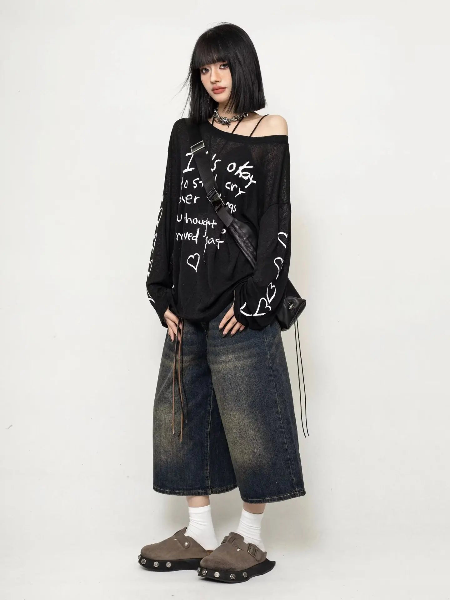 High Waist Black Retro Washed Denim Shorts Women's Harajuku Vintage Fashion Casual Loose Y2K Streetwear Mid Long Wide Leg Pants