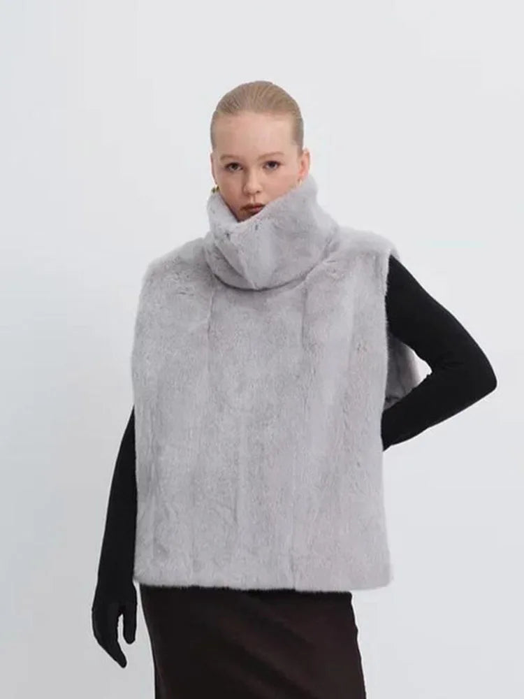 Solid Color Half Turtleneck Furry Sleeveless Top Patchwork Short Section Pullover Top 2025 Fall Woman'S Clothing Street