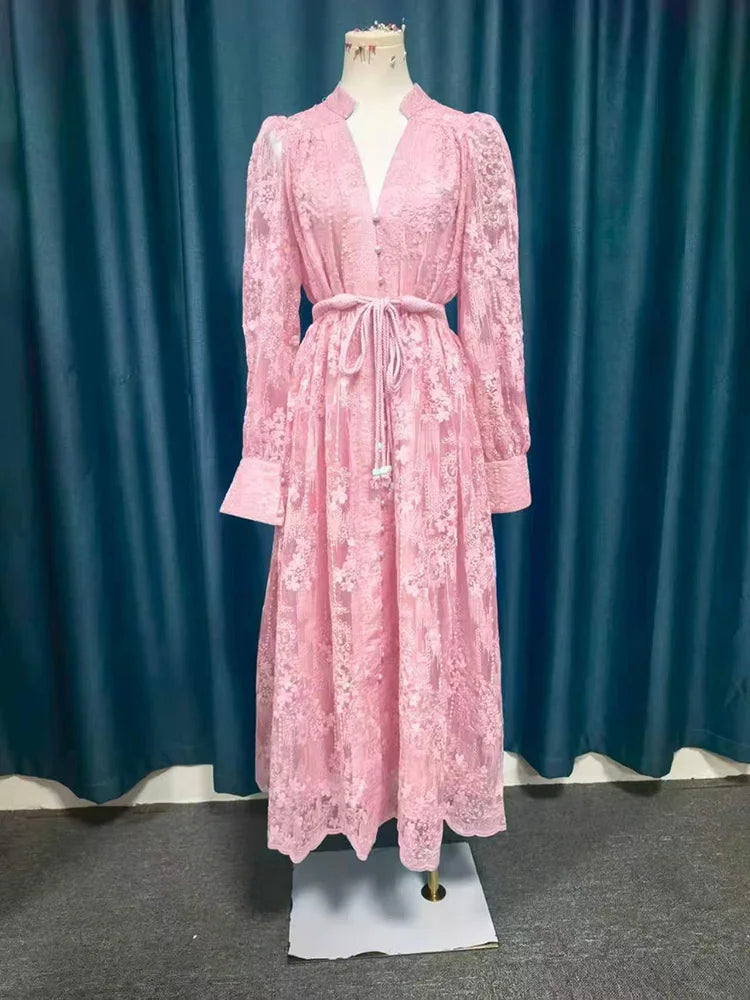 Spring Autumn French High-end Women's Dress New Lace Embroidery V-neck Lantern Sleeves Single Breasted Party Birthday Dress C192