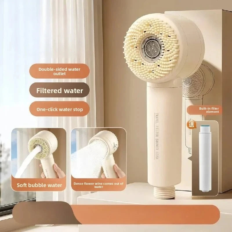 Small double-sided water outlet handheld shower head with bubble water flow,washing function, high pressure boost and filtration