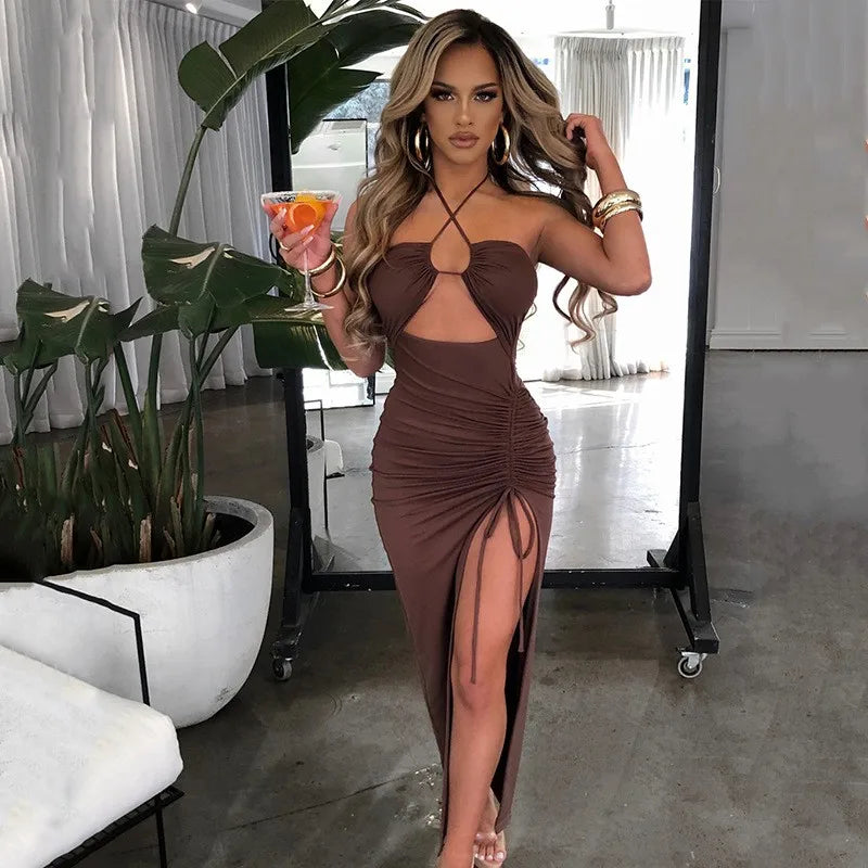 Summer Woman Dress Halter Neck Sleeveless High Waist Slit Maxi Dress Ruched Side Backless Elegant Party Evening Black for