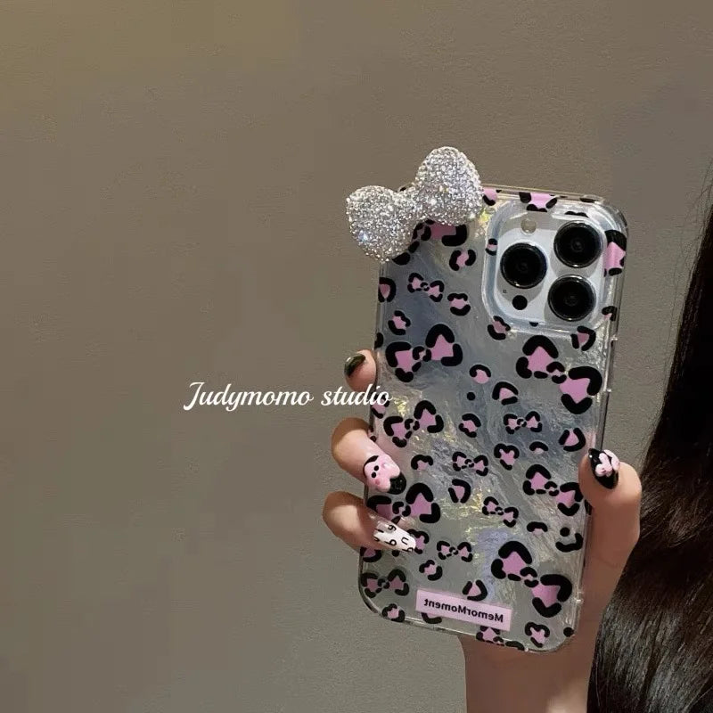 Colorful Leopard Blink Diamond Bowknot Lustre Lining Phone Case for iPhone 16 15 14 Plus 13 Mini 12 Pro Max 11 7 8 SE X XS XR
