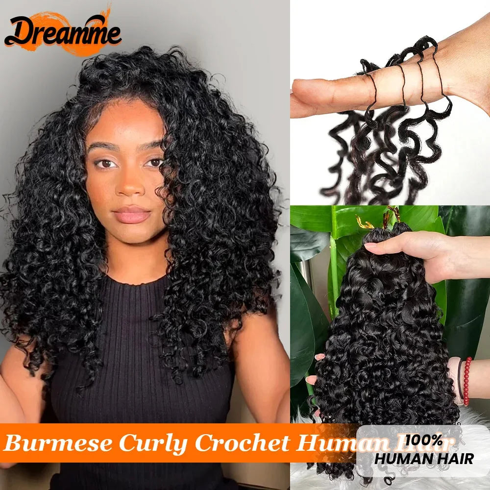 Burmese Curly Human Crochet Human Hair Feather Line Crochet Hair Braids For Thin Hair Woman Micro Pre Looped Crochet Hair