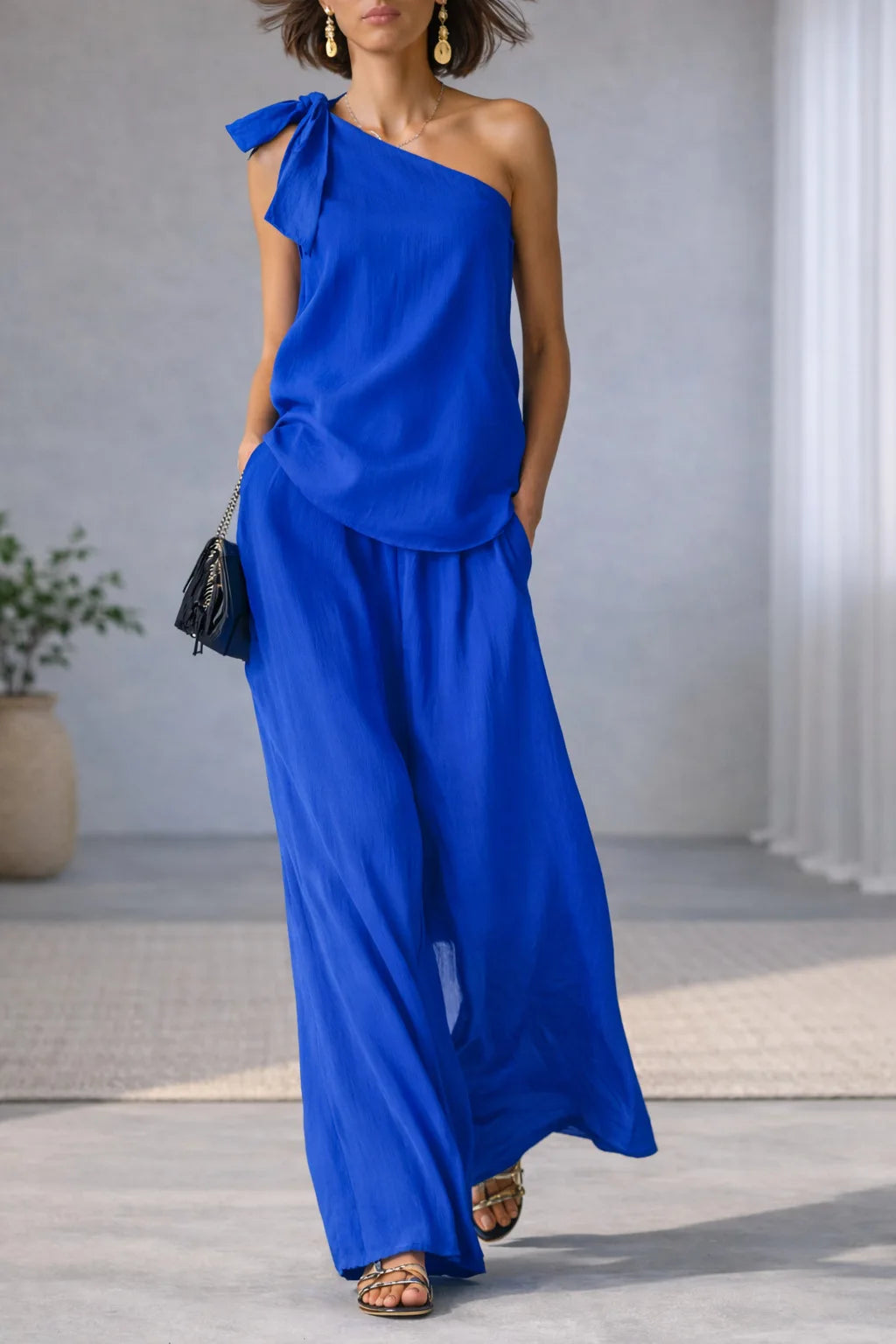 Women's 2 Piece Set 2026 Summer Sexy One Shoulder Tie Knot Top And Wide Leg Pants Suit Casual Loose Summer Beach Vacation Outfit