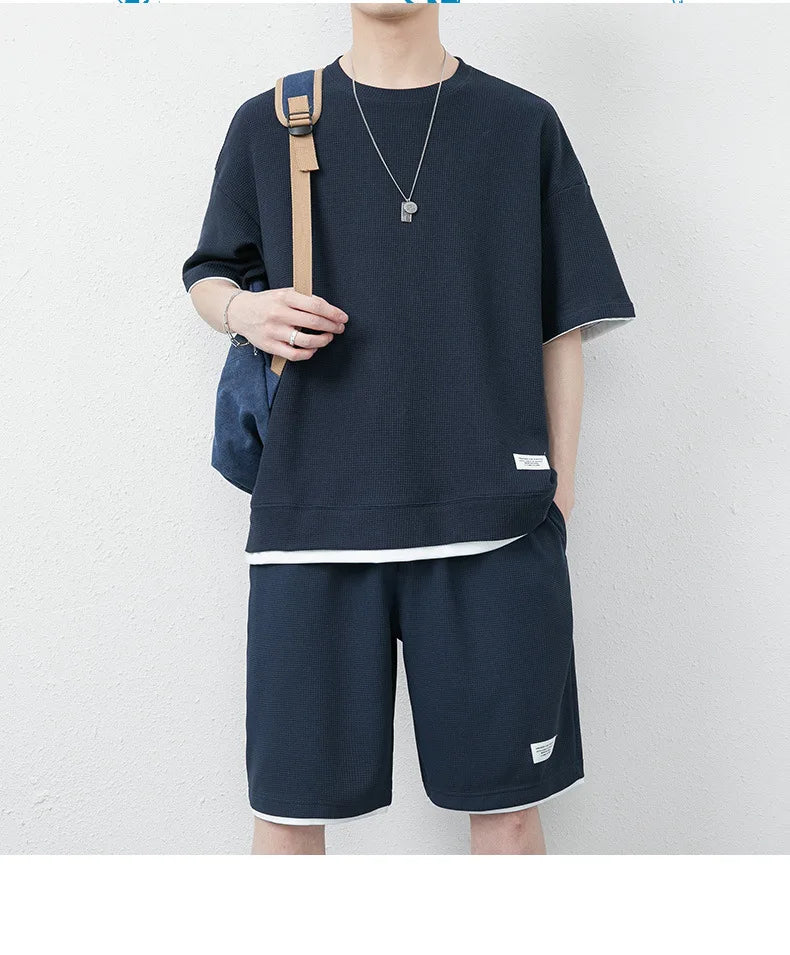 Summer Solid Waffle Tracksuits 2026 Men's Short Sleeve Shorts Casual Two Piece Sets Loose Breathable Men Clothes Joggers Outfits
