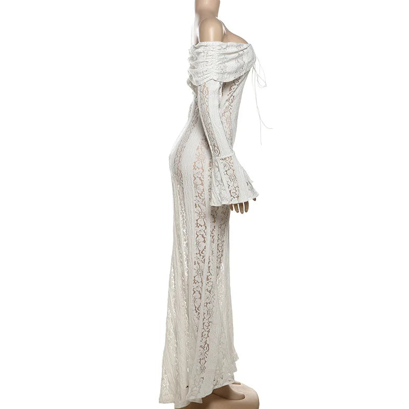 Women's Elegant Lace Up Flared Sleeve Long Dress Fashion Hollow Out Off Shoulder Bodycon Vestidos 2024 Lady New Beach Partywear