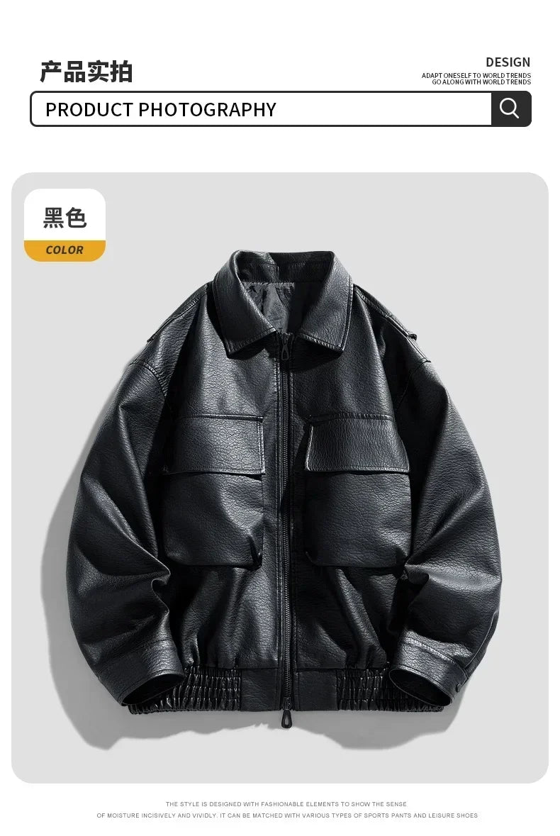 Men Trend Motorcycle Leather Jacket Bomber Pilot Retro Loose Pu Short Leather Jacket Autumn Winter New Lapel Big Pocket Coat